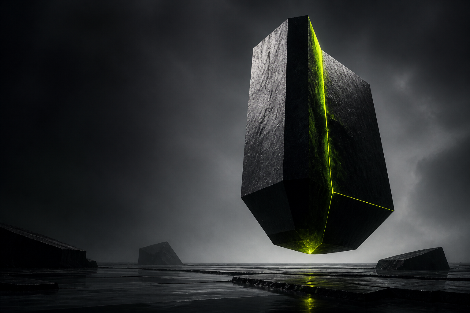 A floating dark stone monolith illuminated by an acid-lime seam